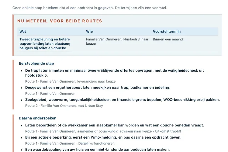Voorbeeldweergave van een persoonlijk actiepad met vervolgstappen